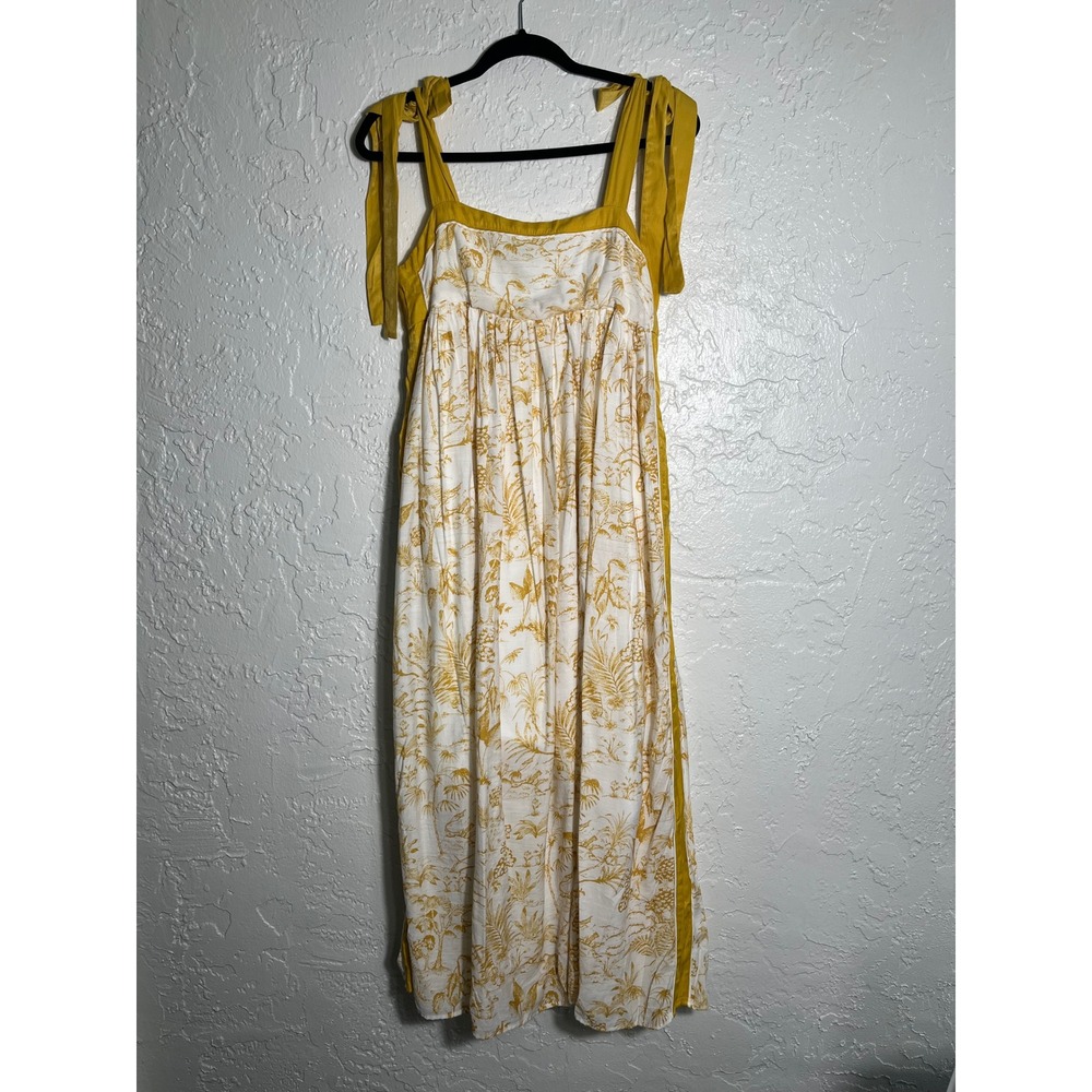 In Loom Tie Shoulder‎ Midi Dress Small Yellow Tropical Toile Cottagecore